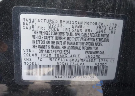 2015 Nissan Sentra S z USA, uszkodzony, nr VIN 3N1AB7AP7FY315754